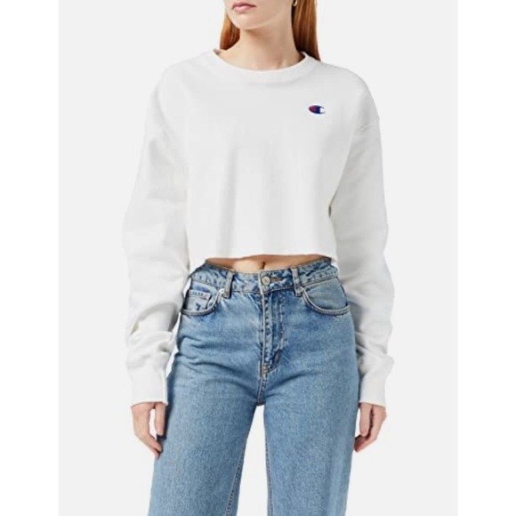Champion Reverse Weave Crop Sweatshirt Women White C Logo Embroidered Crew Large - Picture 1 of 7
